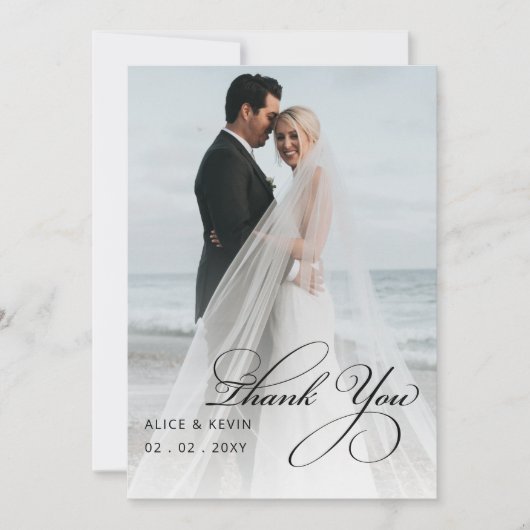 Script Elegant Handwritten Foto Wedding Th Dankeskarte (Vorderseite)