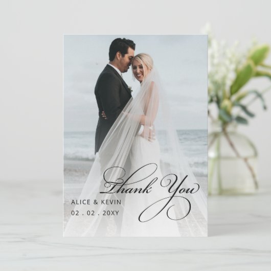 Script Elegant Handwritten Foto Wedding Th Dankeskarte (Stehend Vorderseite)