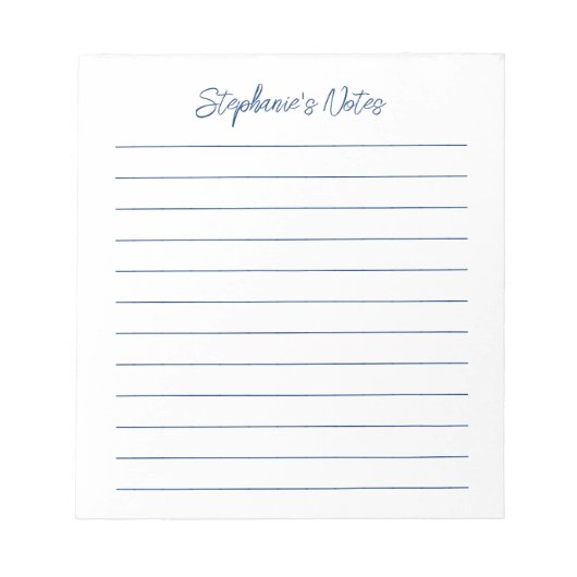  Script Elegant Navy Blue Lined Personalized Notizblock (Vorderseite)