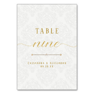 Script Elegant White Lace Gold Wedding Nine 9 Tischnummer