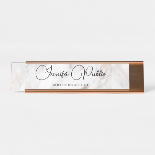 Script Elegante Rose Gold Marble Moderne Typografi Schreibtischnamensplakette (Vorderseite )
