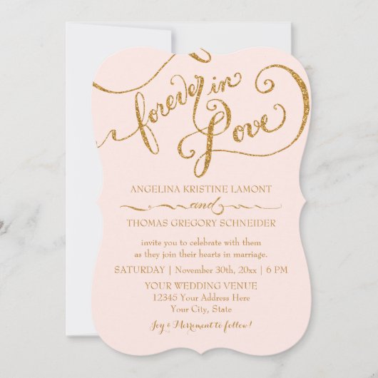 Script Eleganter Gold Glitzer Rosa Strippenhochzei Einladung (Vorderseite)