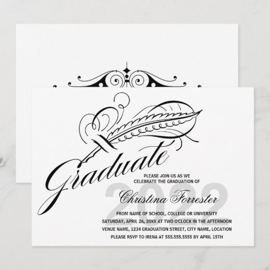 Script Feather Quill Abschluss Einladung (Vorne/Hinten)
