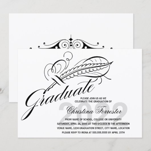 Script Feather Quill Abschluss Einladung (Vorne/Hinten)