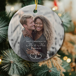 Script First Christmas Mr & Mrs Wedding Photo Keramik Ornament
