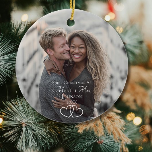 Script First Christmas Mr & Mrs Wedding Photo Keramik Ornament