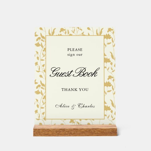 Script Floral Creme and Gold Guest Book Sign Acrylschild (Vorderseite)