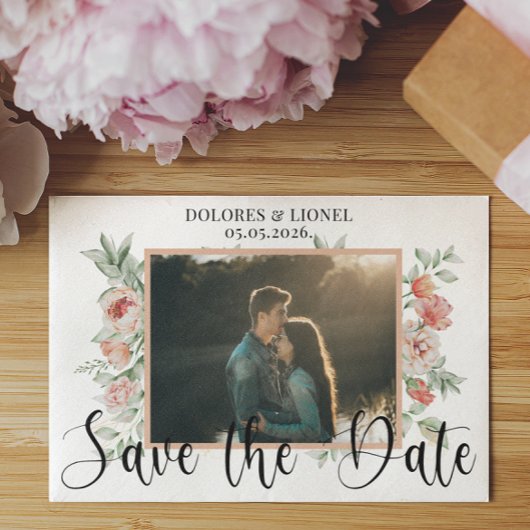 Script Floral Foto Save the Date Minimalistisch Einladung