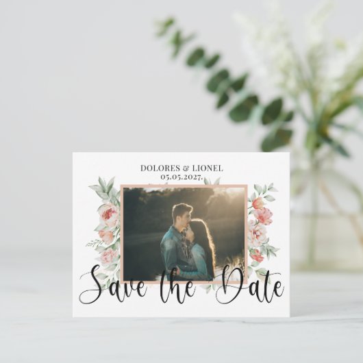 Script Floral Foto Wedding Save the Date Postkarte (Stehend Vorderseite)