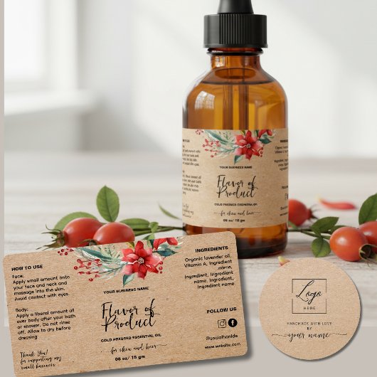 Script Floral Kraft Tropfflaschenetikett