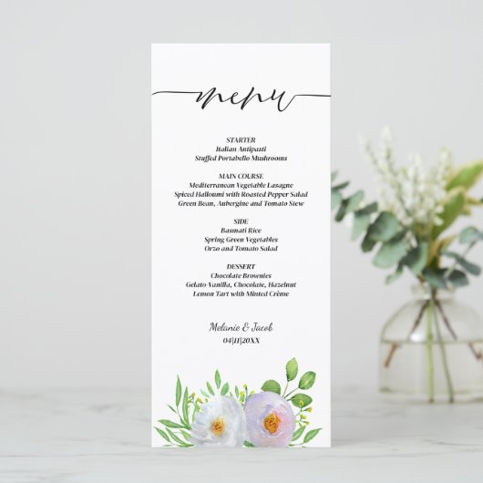 Script Floral Wedding Menükarte (Stehend Vorderseite)