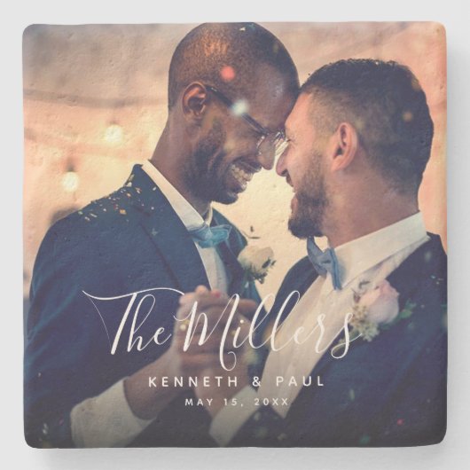 Script-Foto Newlyweds Wedding Steinuntersetzer (Vorderseite)