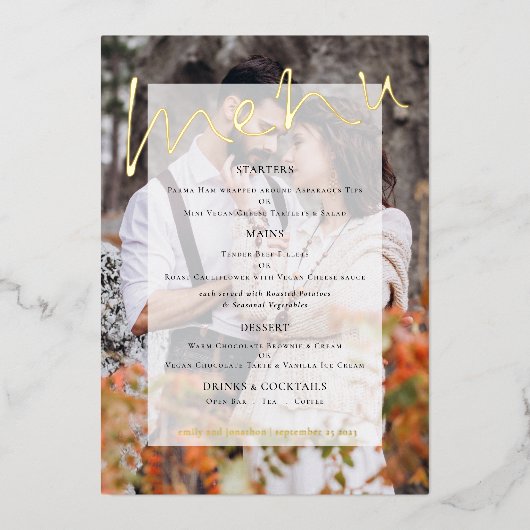 Script Foto Tint Wedding Real Foil Menu Card Folieneinladung (Vorderseite)