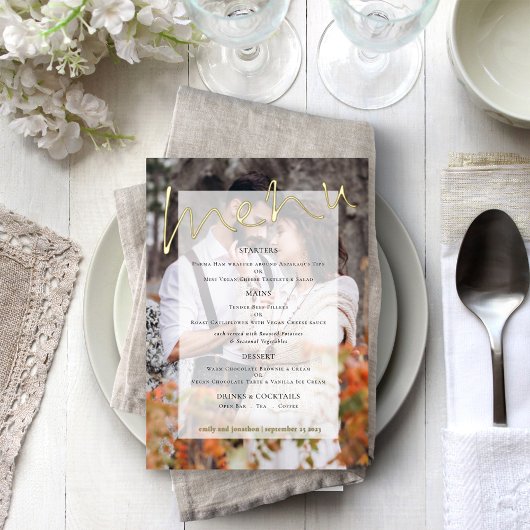 Script Foto Tint Wedding Real Foil Menu Card Folieneinladung