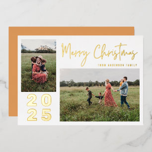 Script Frohe Weihnachten Zwei-Familien-Foto Gold Folien Feiertagskarte