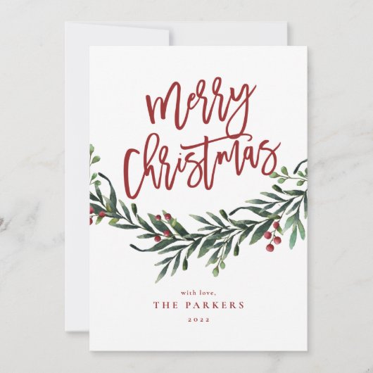 Script Frory Christmas Greenery Foto Feiertagskarte (Vorderseite)
