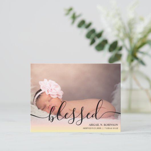 Script gesegnet Baby Girl Foto Pink Ankündigung P Postkarte (Stehend Vorderseite)