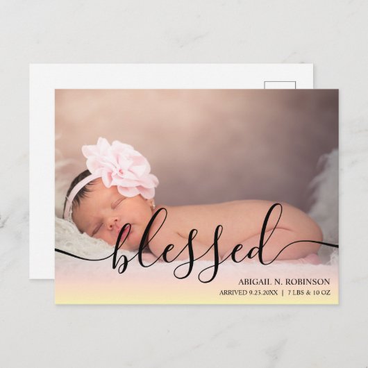 Script gesegnet Baby Girl Foto Pink Ankündigung P Postkarte (Vorne/Hinten)
