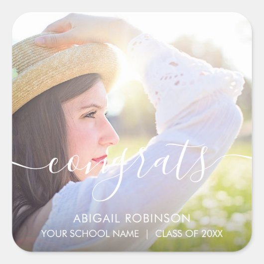 Script-Glückwunsch Abschluss Foto Custom Square St Quadratischer Aufkleber (Vorderseite)