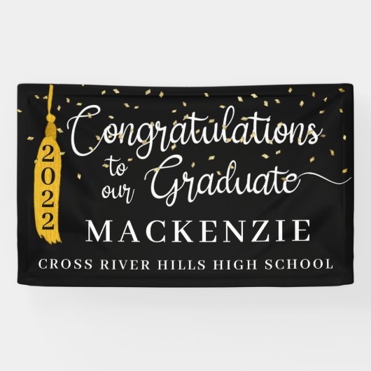 Script-Glückwunsch Grad Black Gold Tassel Confetti Banner (Horizontal)