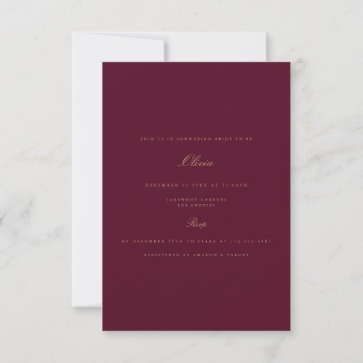 Script Gold & Burgundy Bridal Dusche Einladung (Rückseite)