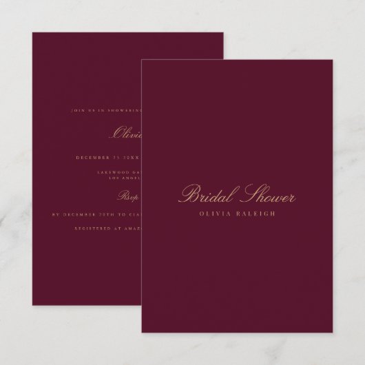 Script Gold & Burgundy Bridal Dusche Einladung (Vorne/Hinten)