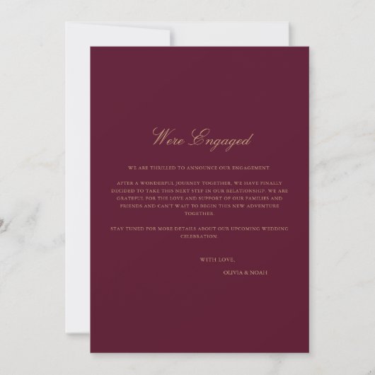 Script Gold Burgundy Verlobung Announccard Ankündigung (Vorderseite)