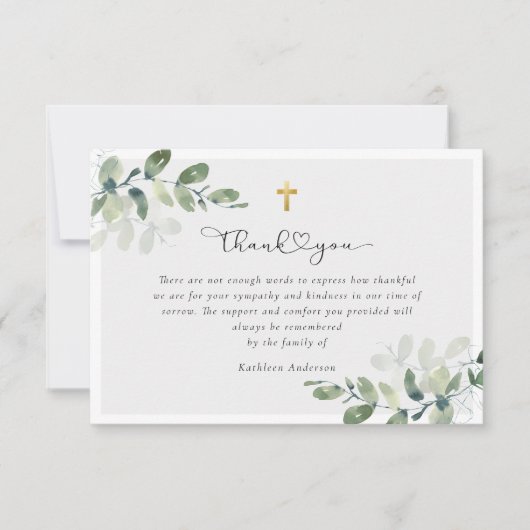 Script Gold Cross Eukalyptus Beileid Beerdigung Dankeskarte (Vorderseite)