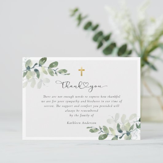 Script Gold Cross Eukalyptus Beileid Beerdigung Dankeskarte (Stehend Vorderseite)