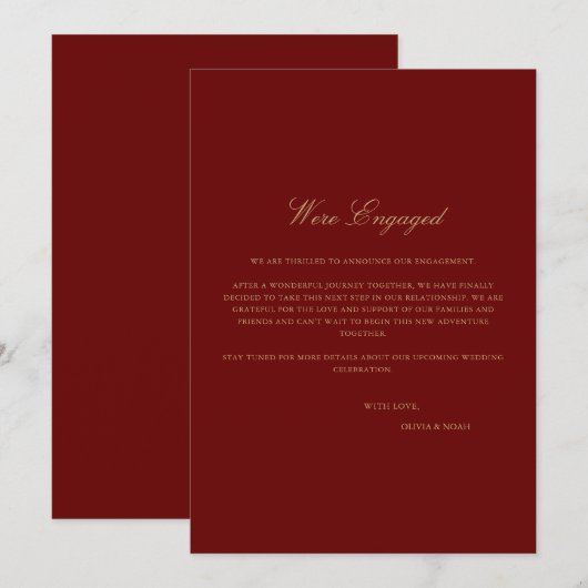 Script Gold Deep Red Verlobung Announccard Ankündigung (Vorne/Hinten)