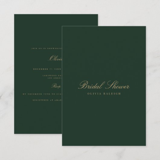 Script Gold Forest Green Bridal Dusche Einladung (Vorne/Hinten)