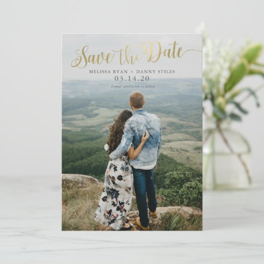 Script Gold Foto Speichern Sie die Datumskarten Einladung (Stehend Vorderseite)