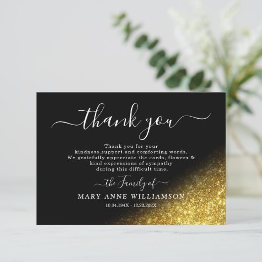 Script Gold Glitzer Beerdigung Dankeschön Karte (Stehend Vorderseite)