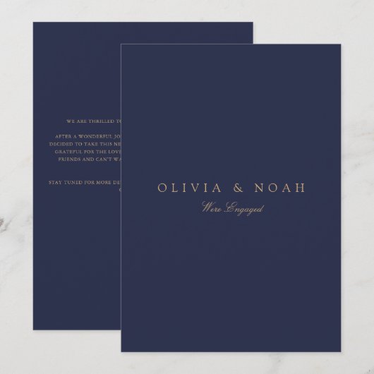 Script Gold & Navy Verlobung Announccard Ankündigung (Vorne/Hinten)