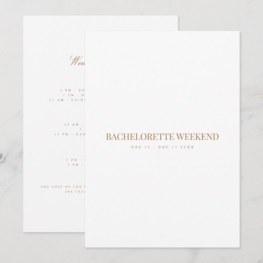 Script Gold & White Bachelorette Wochenendkarte Einladung (Vorne/Hinten)