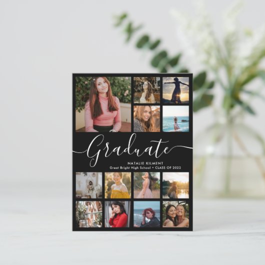 Script Graduate 14 Foto Collage Black Abschluss Ankündigungspostkarte (Stehend Vorderseite)