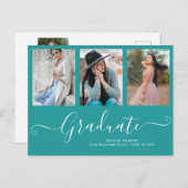 Script Graduate 3 Foto Collage Aquamariner Abschlu Ankündigungspostkarte (Vorne/Hinten)