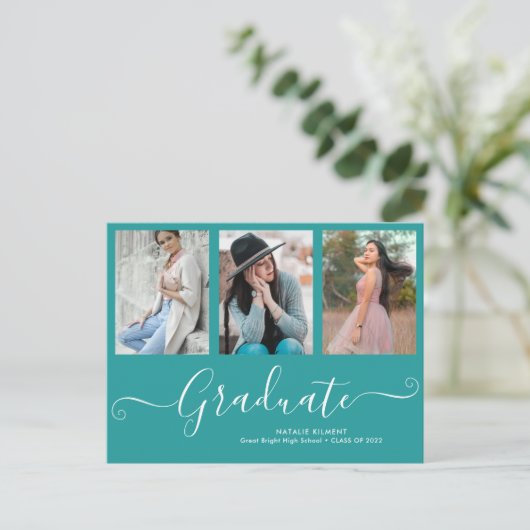 Script Graduate 3 Foto Collage Aquamariner Abschlu Ankündigungspostkarte (Stehend Vorderseite)