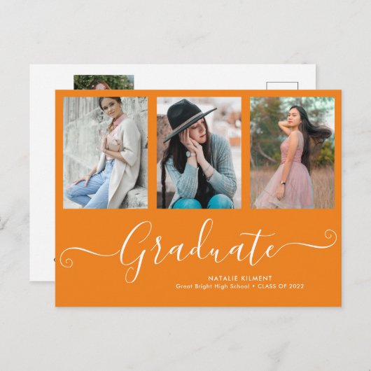 Script Graduate 3 Foto Collage Orange Abschluss Ankündigungspostkarte (Vorne/Hinten)