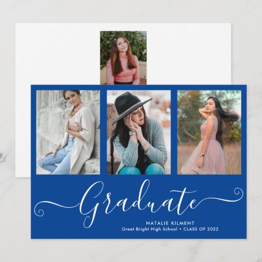 Script Graduate 4 Foto Collage Blue Abschluss Einladung (Vorne/Hinten)