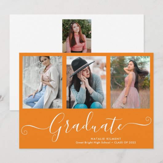 Script Graduate 4 Foto Collage Orange Abschluss Einladung (Vorne/Hinten)