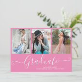 Script Graduate 4 Foto Collage Pink Abschluss Einladung (Stehend Vorderseite)