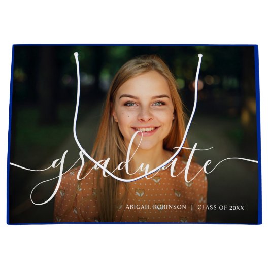 Script Graduate Abschluss Foto Blue Große Geschenktüte (Vorderseite)