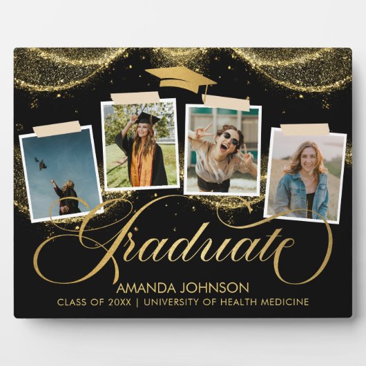 Script Graduate Foto Black Gold Abschluss Plaque Fotoplatte (Vorderseite)