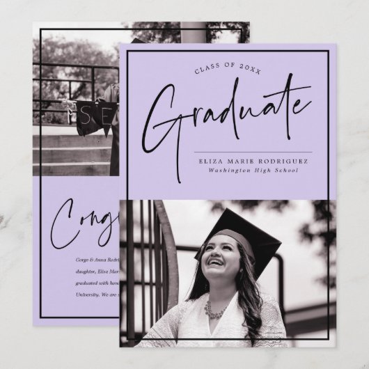 Script Graduate on Lila Background Abschluss Ankündigung (Vorne/Hinten)
