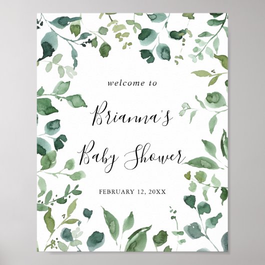 Script Green Foliage Baby Dusche Willkommen Poster (Vorne)