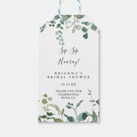 Script Green Foliage Sip Hooray Brautparty Geschenkanhänger (Vorderseite)