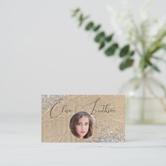 Script Grunge Glam Social Media QR Code Foto hinzu Visitenkarte (Stehend Vorderseite)