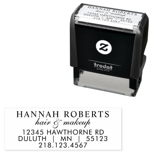 Script Haar Make-up Name Rücksendeadresse Telefon Permastempel (Beispiel)