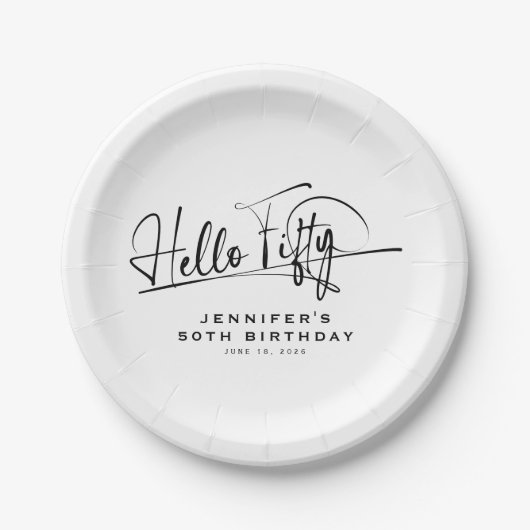 Script Hallo Fünfzig Minimalistischer 50. Geburtst Pappteller (Vorderseite)